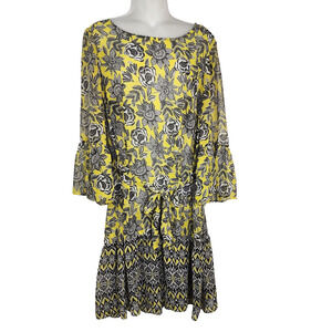 Prelude Women A line Dress 12 Belted Tie Waist Floral Yellow Bell Sleeve Chiffon